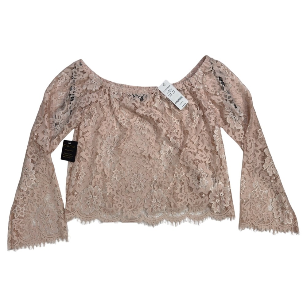 NWT Bebe Jazzy Off Shoulder Lace Top XS Pink Floral Bell Sleeve Sheer Coquette